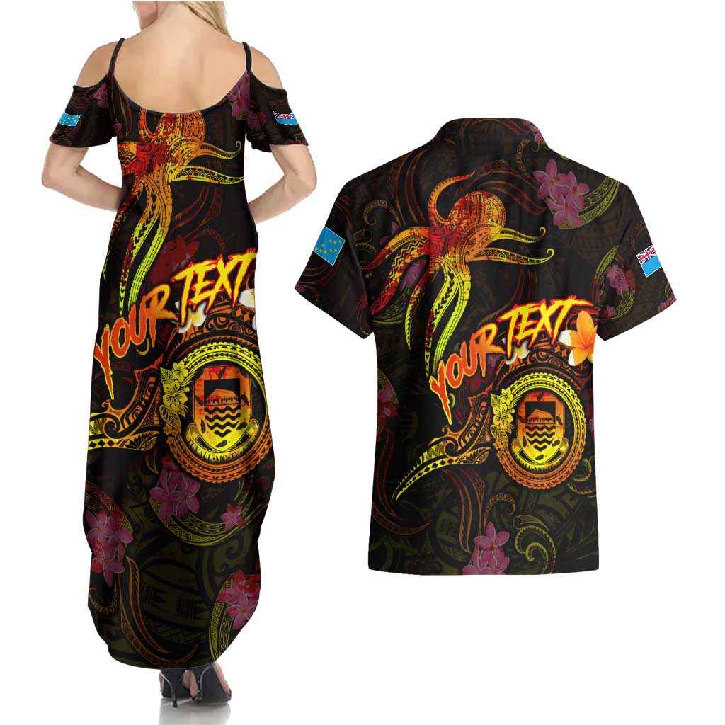 Tuvalu Couples Matching Summer Maxi Dress and Hawaiian Shirt Octopus Plumeria Polynesian Tattoo