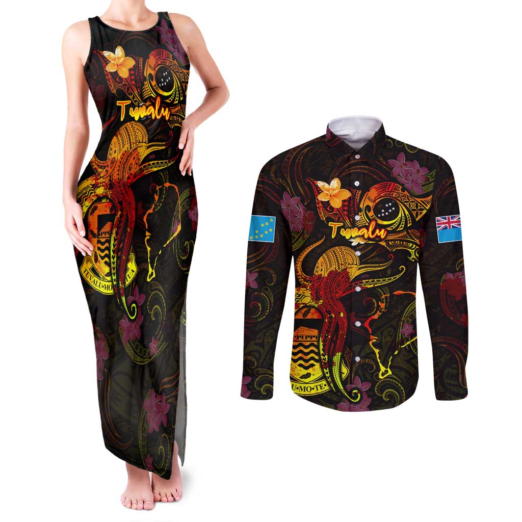 Tuvalu Couples Matching Tank Maxi Dress and Long Sleeve Button Shirt Octopus Plumeria Polynesian Tattoo