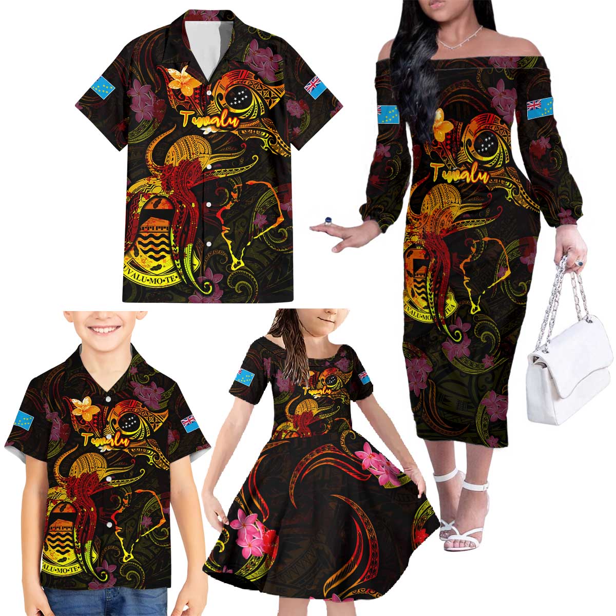 Tuvalu Family Matching Off The Shoulder Long Sleeve Dress and Hawaiian Shirt Octopus Plumeria Polynesian Tattoo DT02 - Polynesian Pride