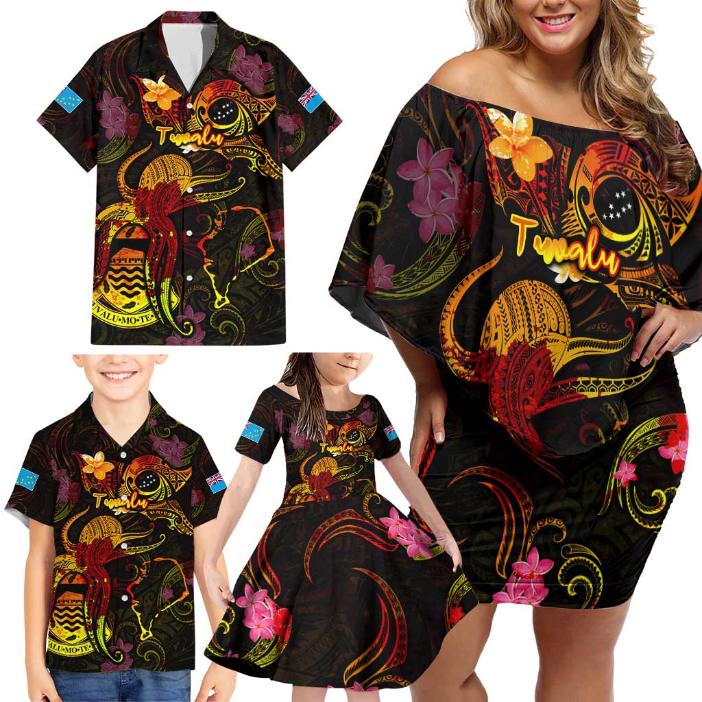 Tuvalu Family Matching Off Shoulder Short Dress and Hawaiian Shirt Octopus Plumeria Polynesian Tattoo