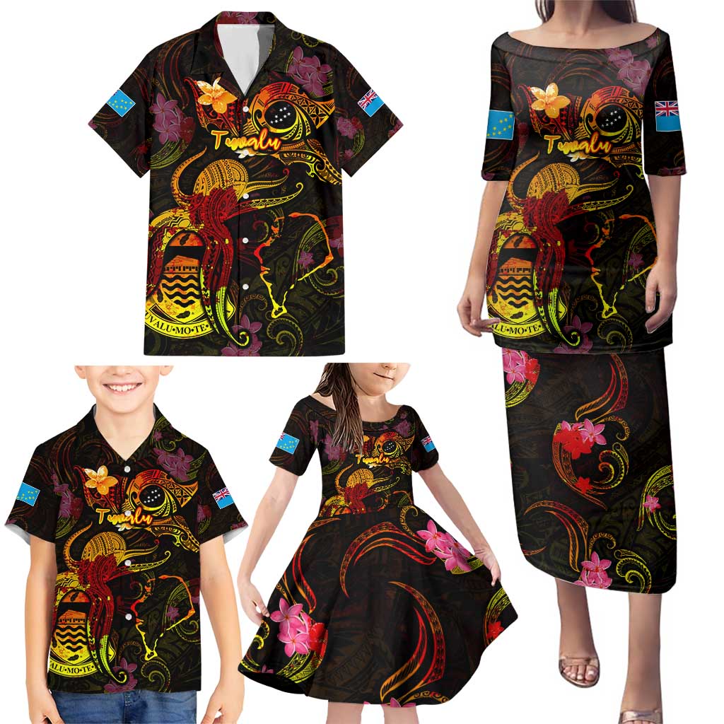 Tuvalu Family Matching Puletasi and Hawaiian Shirt Octopus Plumeria Polynesian Tattoo