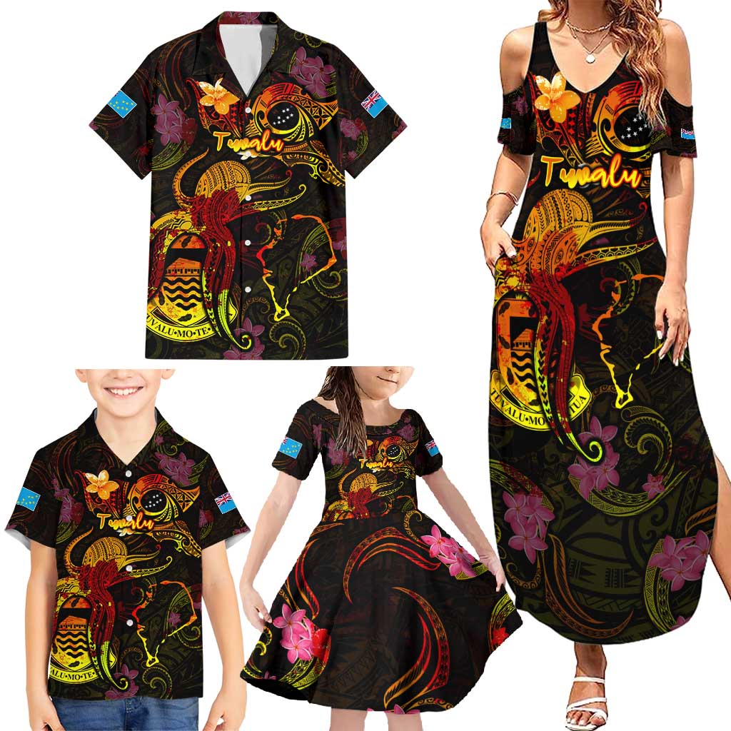 Tuvalu Family Matching Summer Maxi Dress and Hawaiian Shirt Octopus Plumeria Polynesian Tattoo