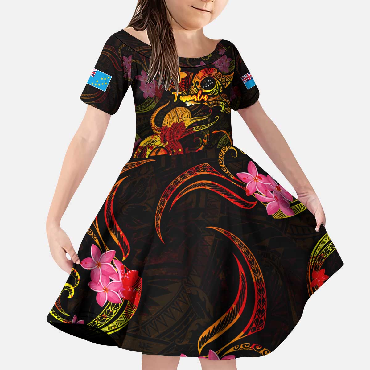 Tuvalu Kid Short Sleeve Dress Octopus Plumeria Polynesian Tattoo