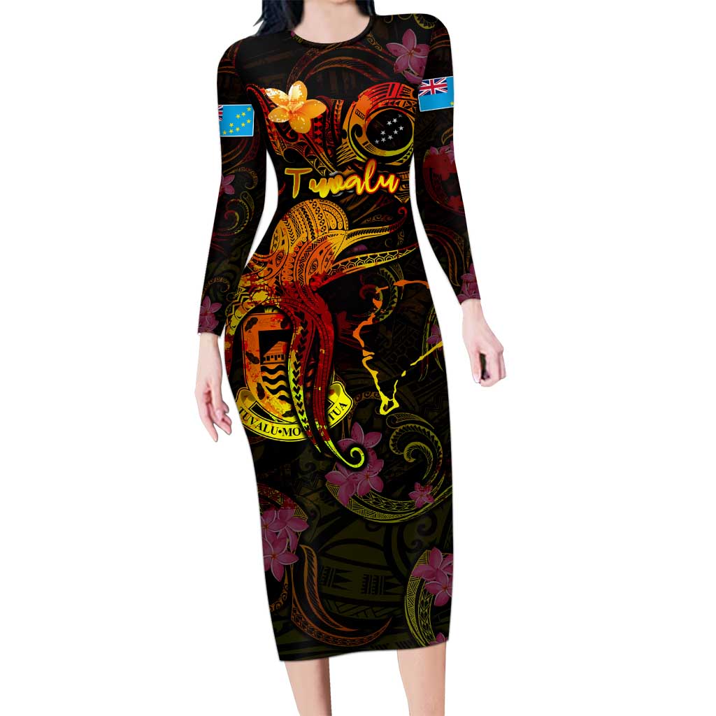 Tuvalu Long Sleeve Bodycon Dress Octopus Plumeria Polynesian Tattoo