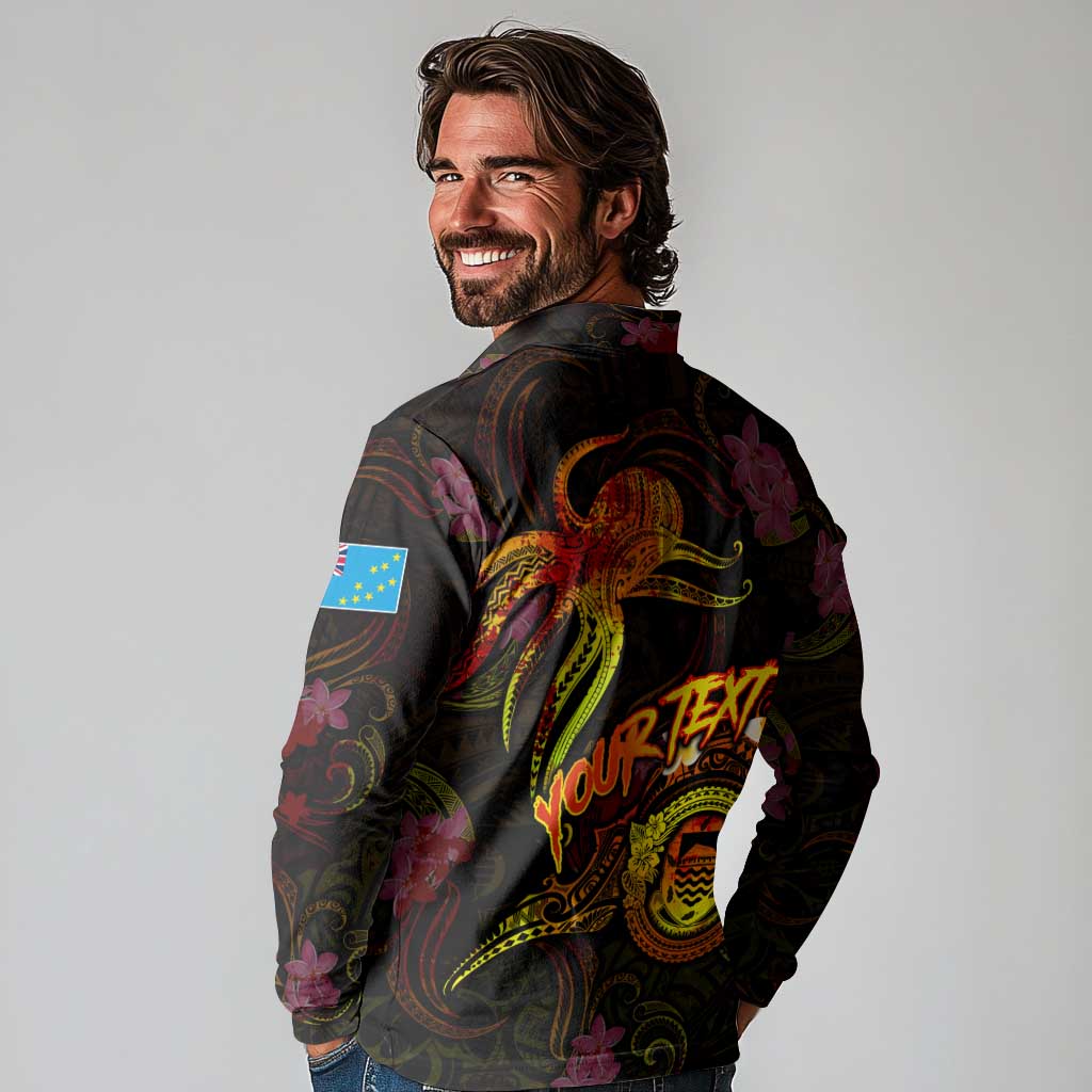 Tuvalu Long Sleeve Polo Shirt Octopus Plumeria Polynesian Tattoo