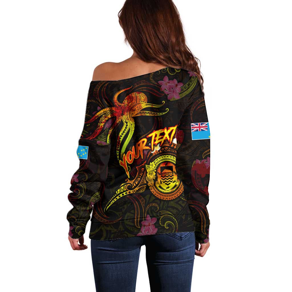 Tuvalu Off Shoulder Sweater Octopus Plumeria Polynesian Tattoo