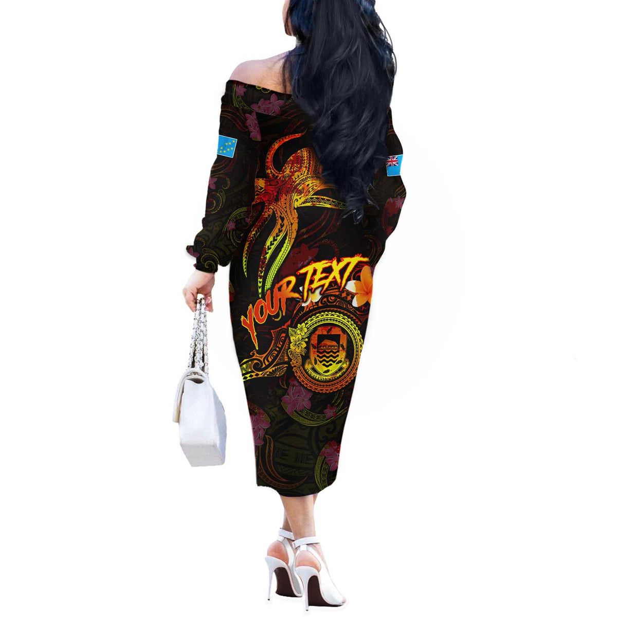 Tuvalu Off The Shoulder Long Sleeve Dress Octopus Plumeria Polynesian Tattoo