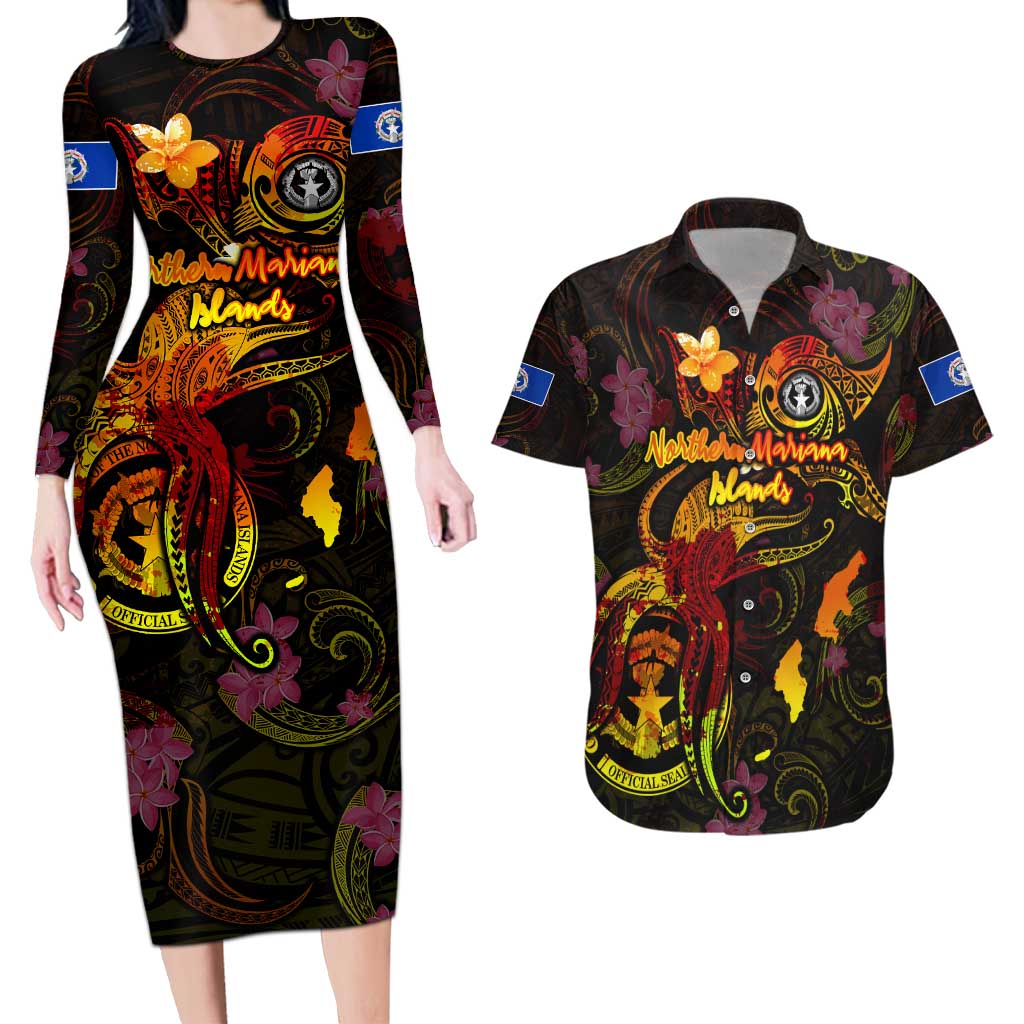 Northern Mariana Islands Couples Matching Long Sleeve Bodycon Dress and Hawaiian Shirt Octopus Plumeria Polynesian Tattoo DT02 Black - Polynesian Pride