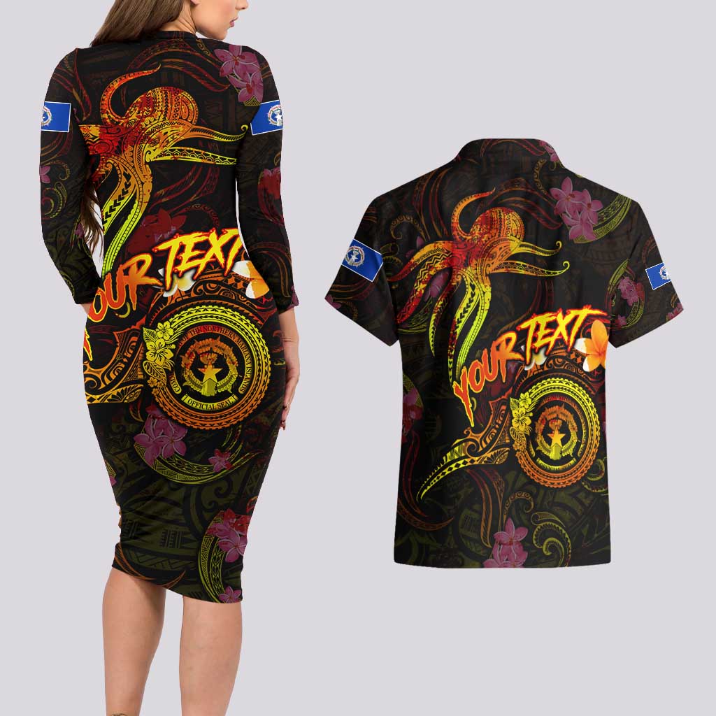 Northern Mariana Islands Couples Matching Long Sleeve Bodycon Dress and Hawaiian Shirt Octopus Plumeria Polynesian Tattoo DT02 - Polynesian Pride