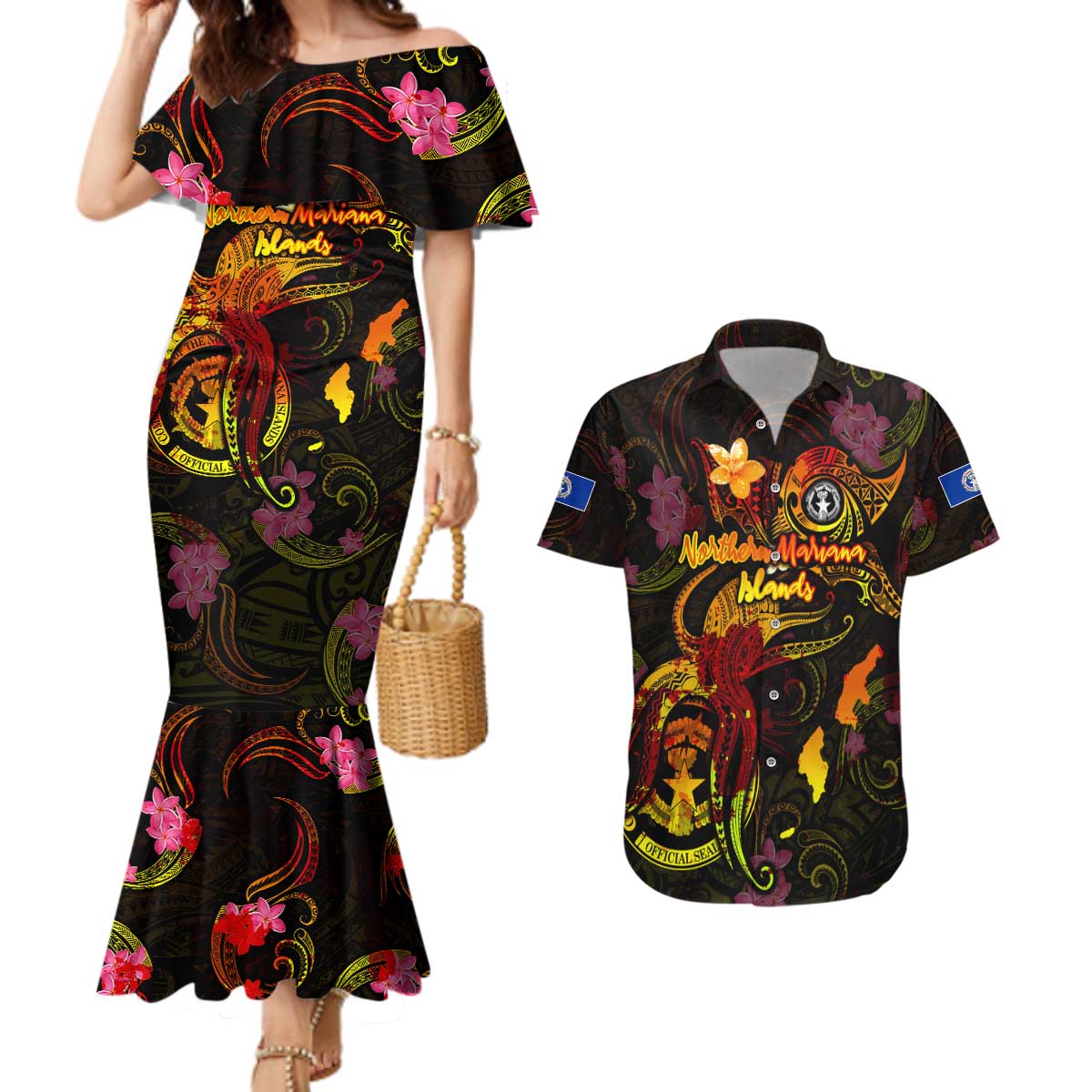 Northern Mariana Islands Couples Matching Mermaid Dress and Hawaiian Shirt Octopus Plumeria Polynesian Tattoo