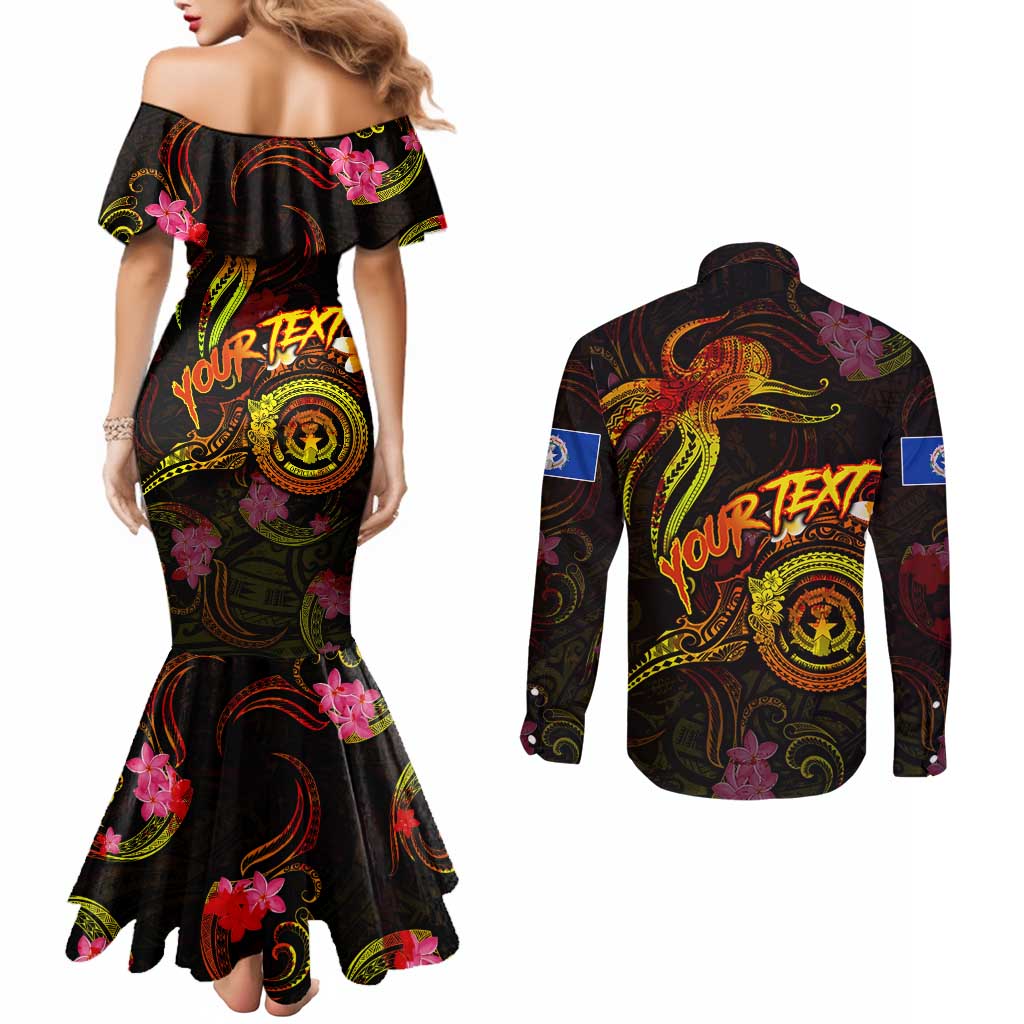 Northern Mariana Islands Couples Matching Mermaid Dress and Long Sleeve Button Shirt Octopus Plumeria Polynesian Tattoo