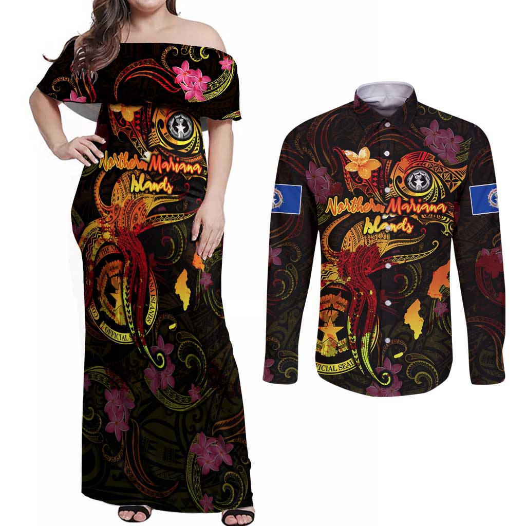 Northern Mariana Islands Couples Matching Off Shoulder Maxi Dress and Long Sleeve Button Shirt Octopus Plumeria Polynesian Tattoo