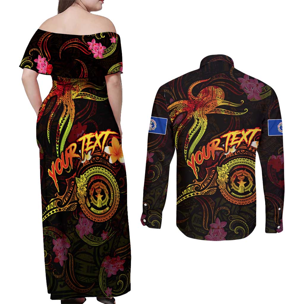 Northern Mariana Islands Couples Matching Off Shoulder Maxi Dress and Long Sleeve Button Shirt Octopus Plumeria Polynesian Tattoo