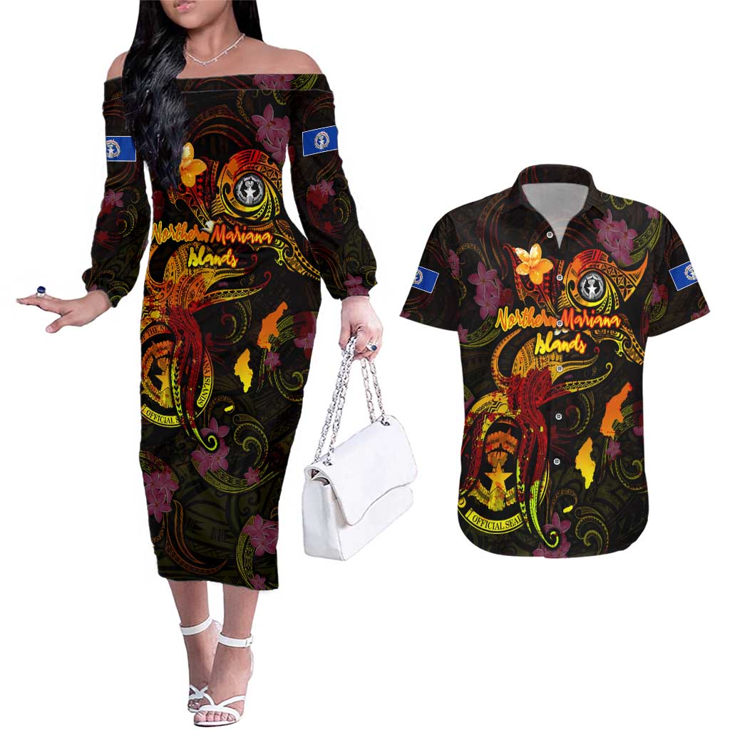 Northern Mariana Islands Couples Matching Off The Shoulder Long Sleeve Dress and Hawaiian Shirt Octopus Plumeria Polynesian Tattoo DT02 Black - Polynesian Pride