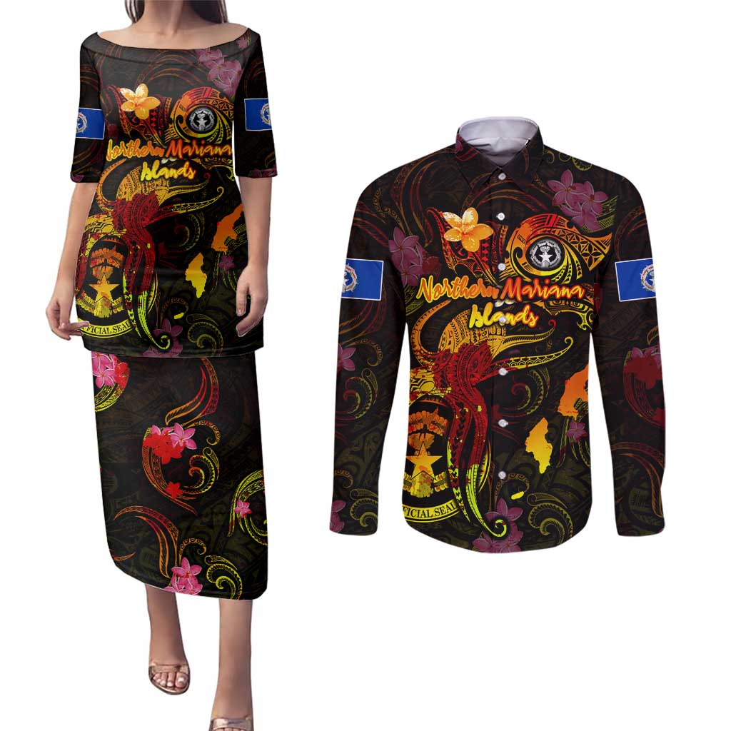 Northern Mariana Islands Couples Matching Puletasi and Long Sleeve Button Shirt Octopus Plumeria Polynesian Tattoo