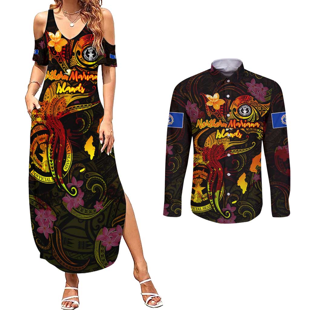Northern Mariana Islands Couples Matching Summer Maxi Dress and Long Sleeve Button Shirt Octopus Plumeria Polynesian Tattoo