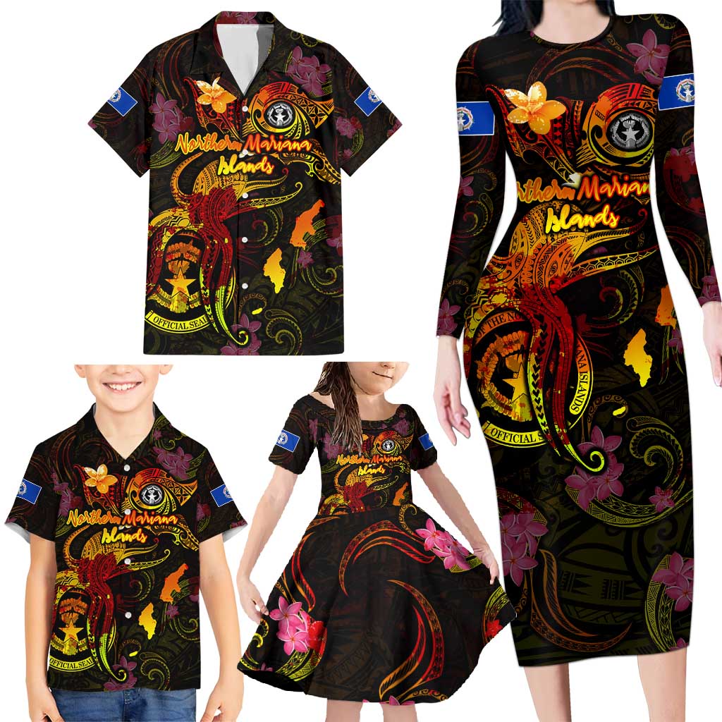 Northern Mariana Islands Family Matching Long Sleeve Bodycon Dress and Hawaiian Shirt Octopus Plumeria Polynesian Tattoo