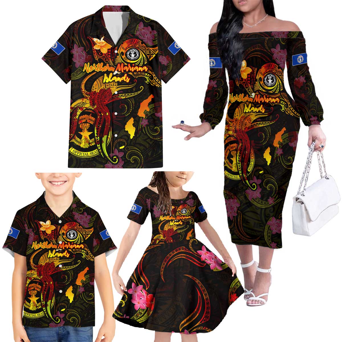 Northern Mariana Islands Family Matching Off The Shoulder Long Sleeve Dress and Hawaiian Shirt Octopus Plumeria Polynesian Tattoo DT02 - Polynesian Pride