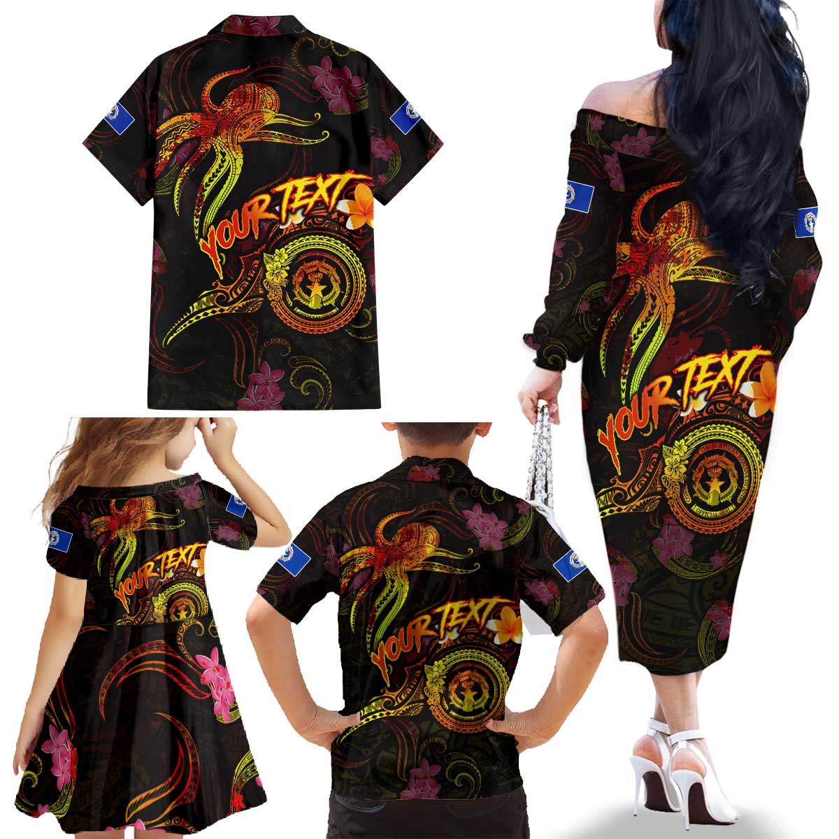 Northern Mariana Islands Family Matching Off The Shoulder Long Sleeve Dress and Hawaiian Shirt Octopus Plumeria Polynesian Tattoo DT02 - Polynesian Pride