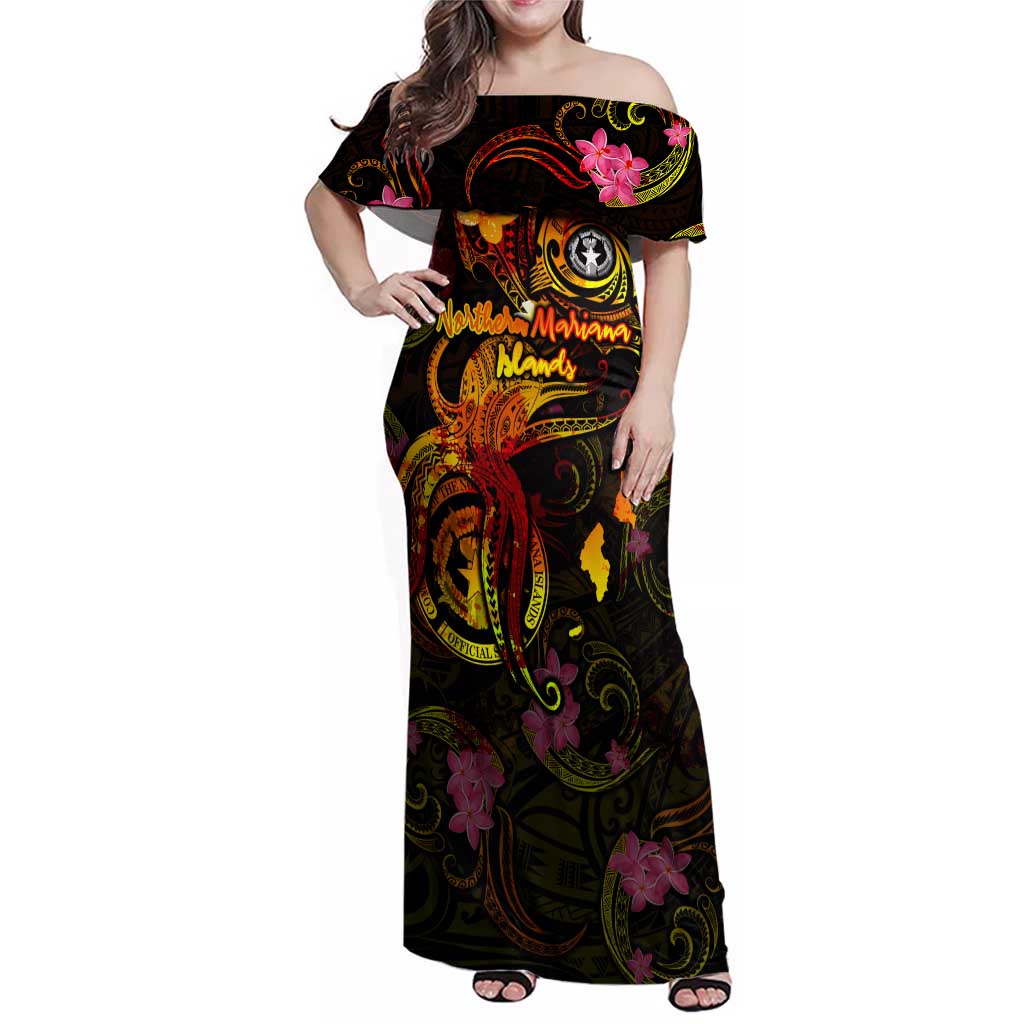 Northern Mariana Islands Family Matching Off Shoulder Maxi Dress and Hawaiian Shirt Octopus Plumeria Polynesian Tattoo DT02 Mom's Dress Black - Polynesian Pride