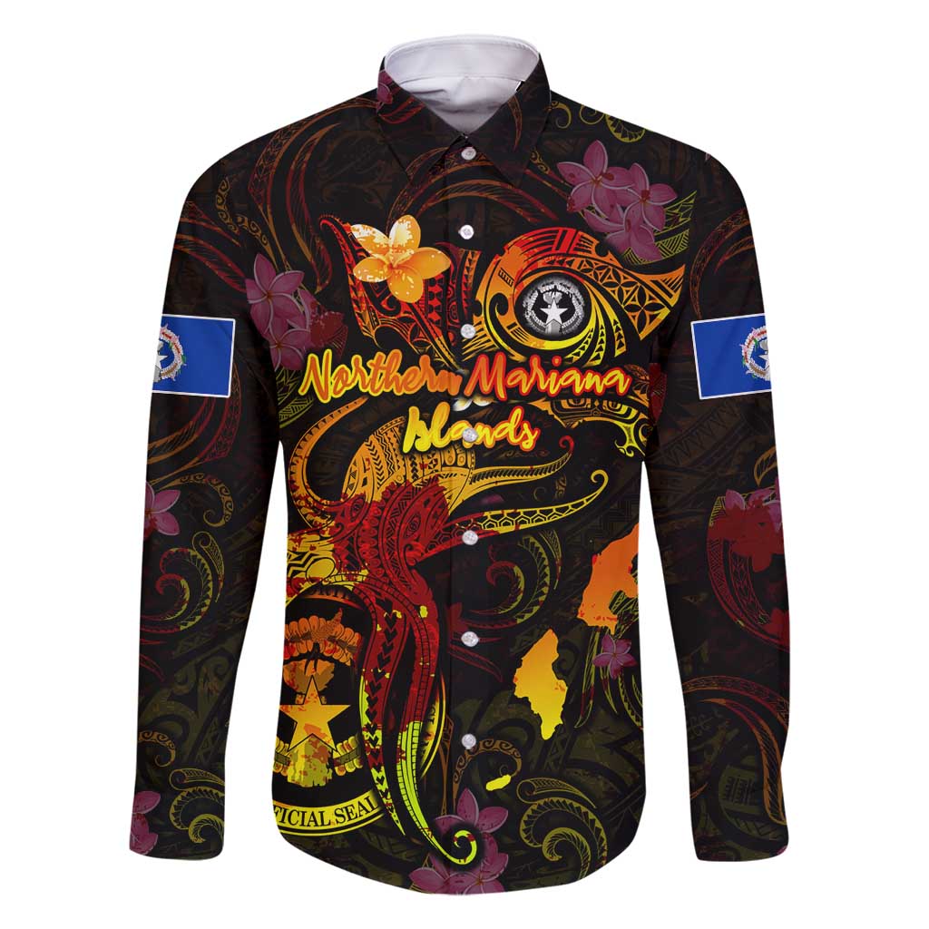 Northern Mariana Islands Family Matching Off Shoulder Short Dress and Hawaiian Shirt Octopus Plumeria Polynesian Tattoo DT02 Dad's Shirt - Long Sleeve Black - Polynesian Pride