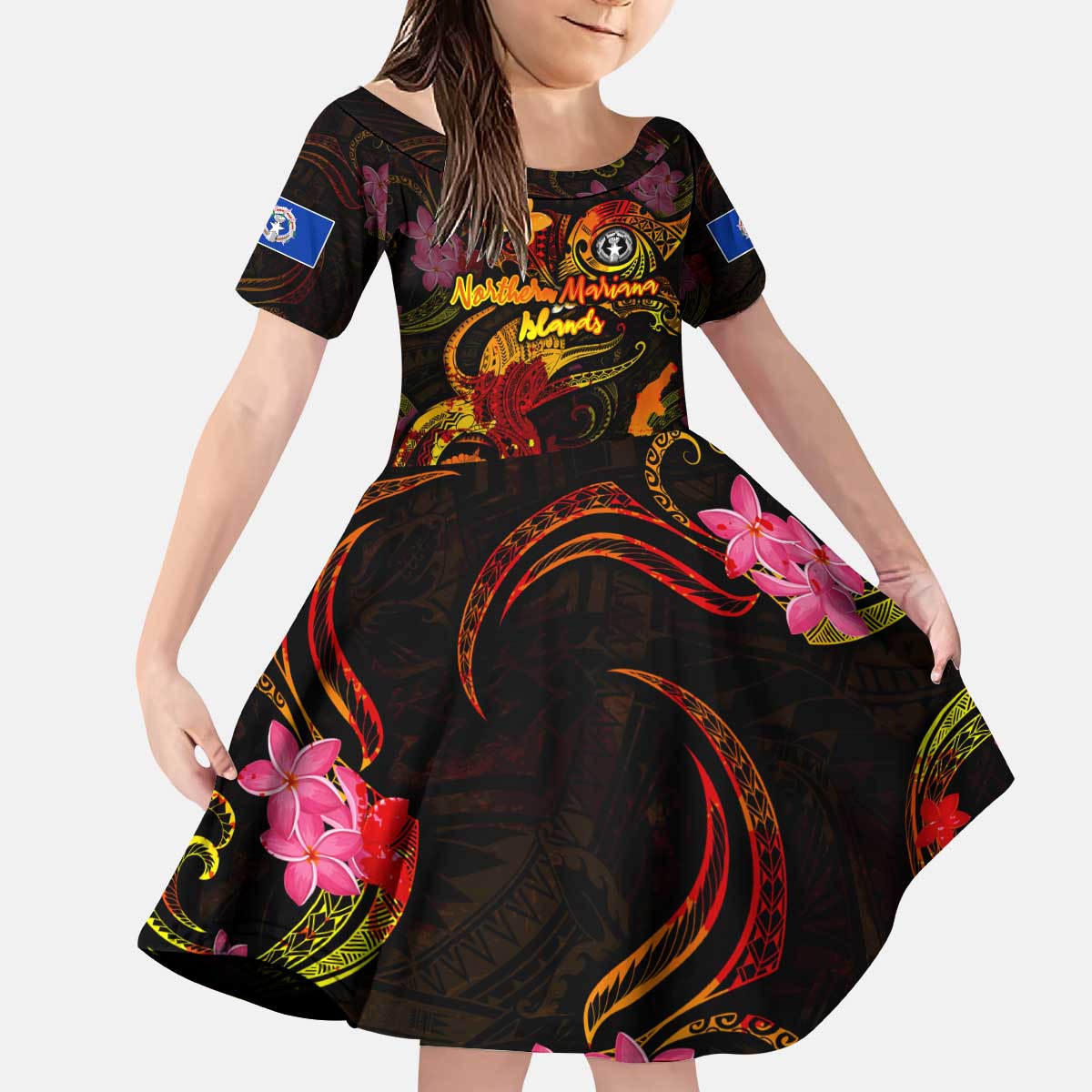 Northern Mariana Islands Kid Short Sleeve Dress Octopus Plumeria Polynesian Tattoo