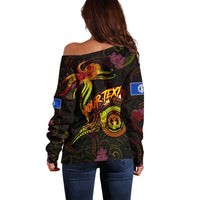 Northern Mariana Islands Off Shoulder Sweater Octopus Plumeria Polynesian Tattoo