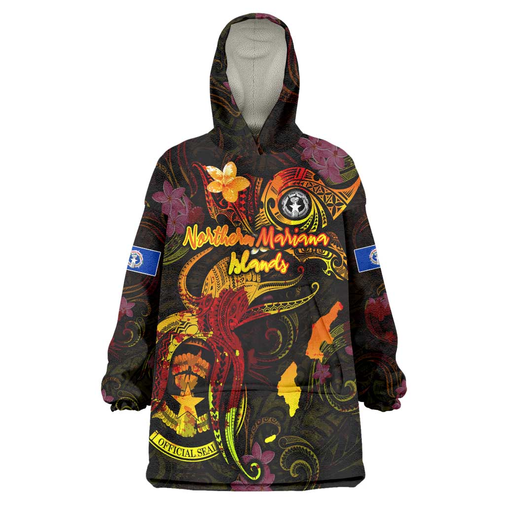 Northern Mariana Islands Wearable Blanket Hoodie Octopus Plumeria Polynesian Tattoo
