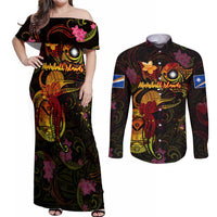 Marshall Islands Couples Matching Off Shoulder Maxi Dress and Long Sleeve Button Shirt Octopus Plumeria Polynesian Tattoo