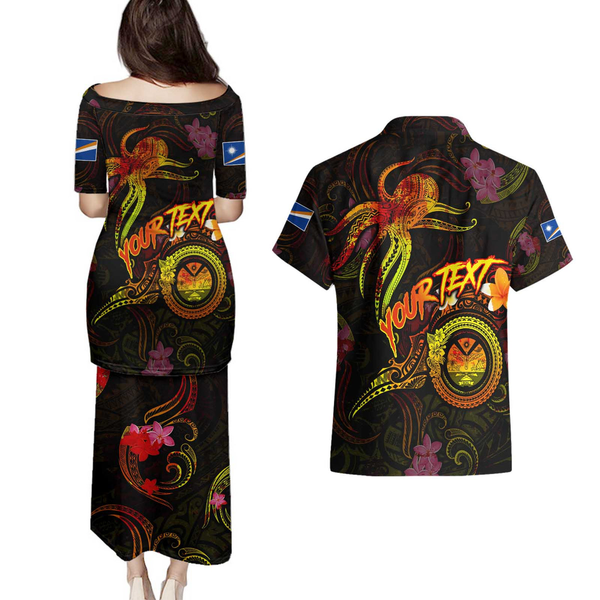 Marshall Islands Couples Matching Puletasi and Hawaiian Shirt Octopus Plumeria Polynesian Tattoo