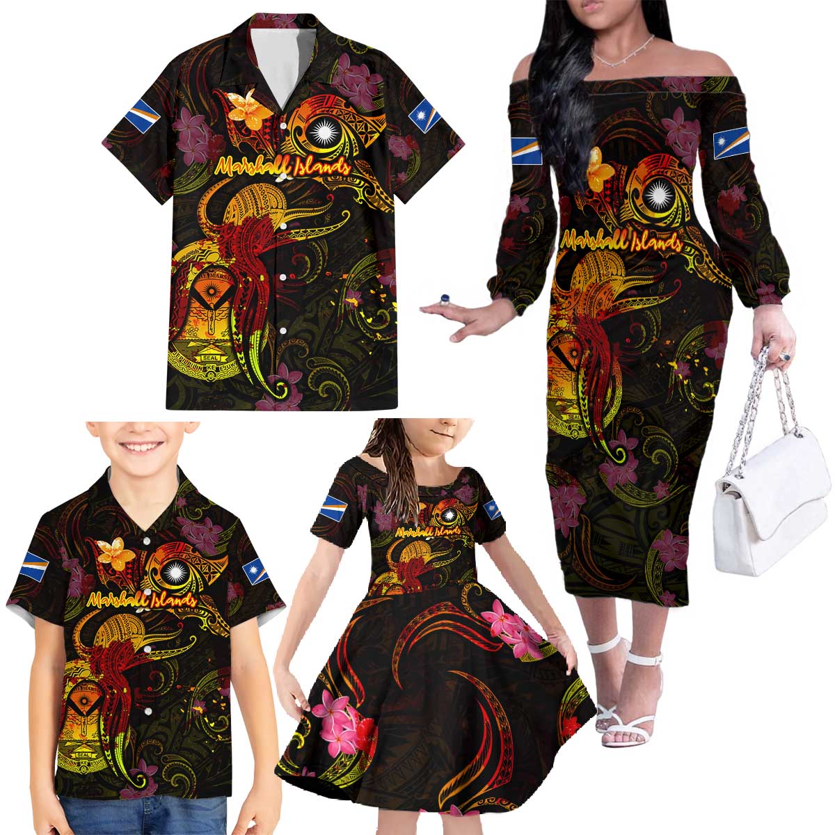 Marshall Islands Family Matching Off The Shoulder Long Sleeve Dress and Hawaiian Shirt Octopus Plumeria Polynesian Tattoo DT02 - Polynesian Pride