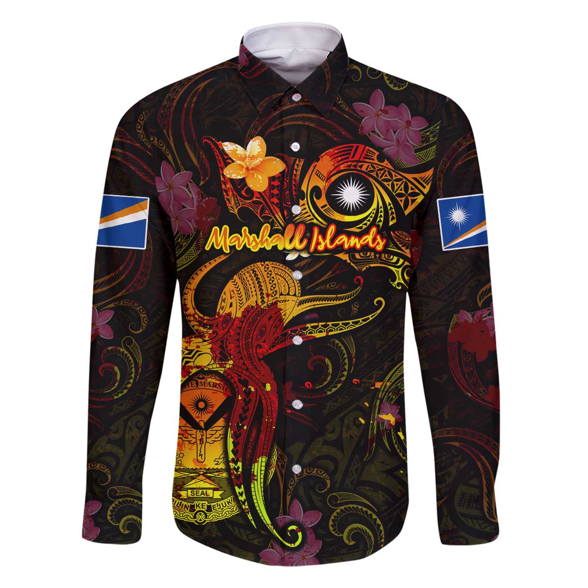 Marshall Islands Family Matching Off The Shoulder Long Sleeve Dress and Hawaiian Shirt Octopus Plumeria Polynesian Tattoo DT02 Dad's Shirt - Long Sleeve Black - Polynesian Pride