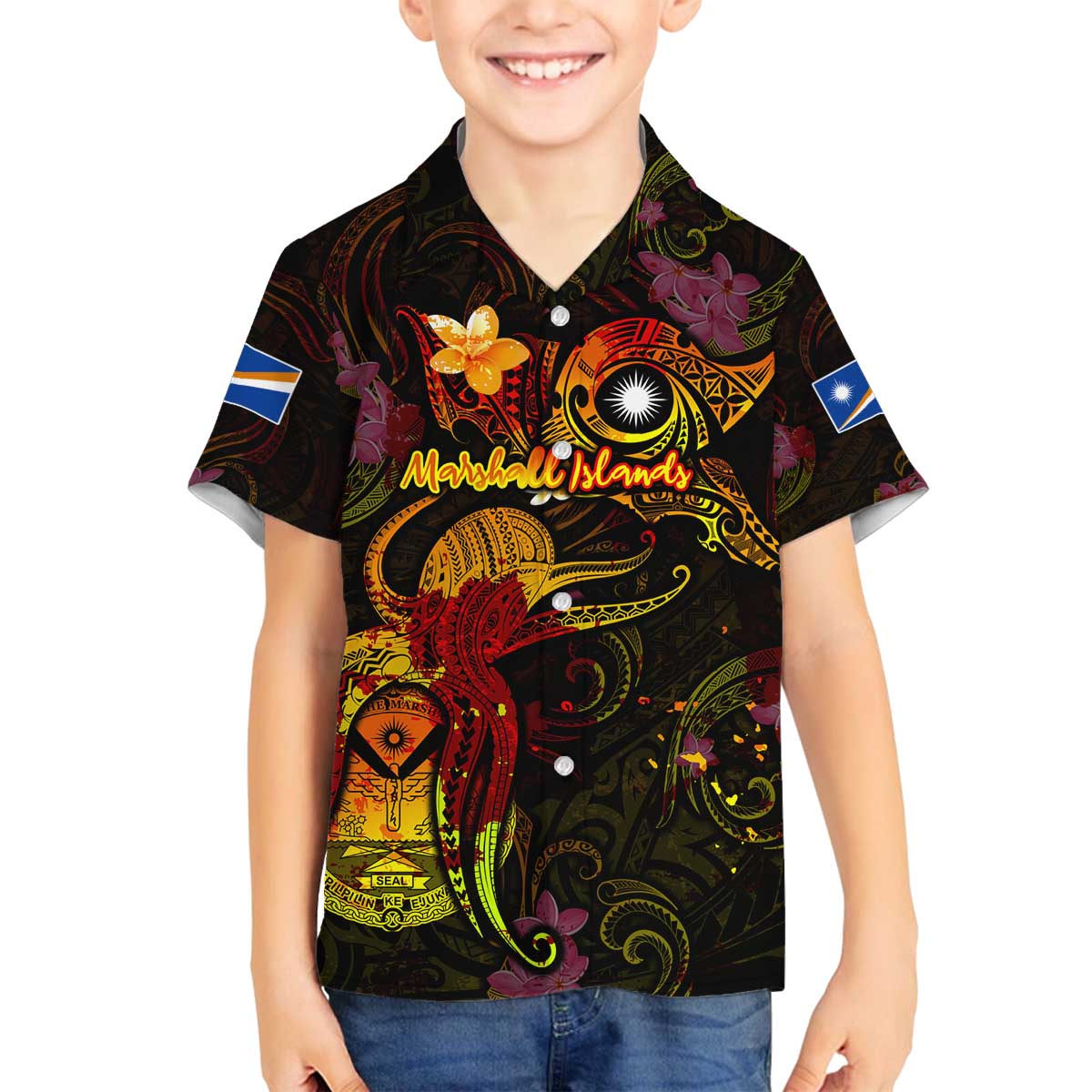 Marshall Islands Family Matching Off The Shoulder Long Sleeve Dress and Hawaiian Shirt Octopus Plumeria Polynesian Tattoo DT02 Son's Shirt Black - Polynesian Pride
