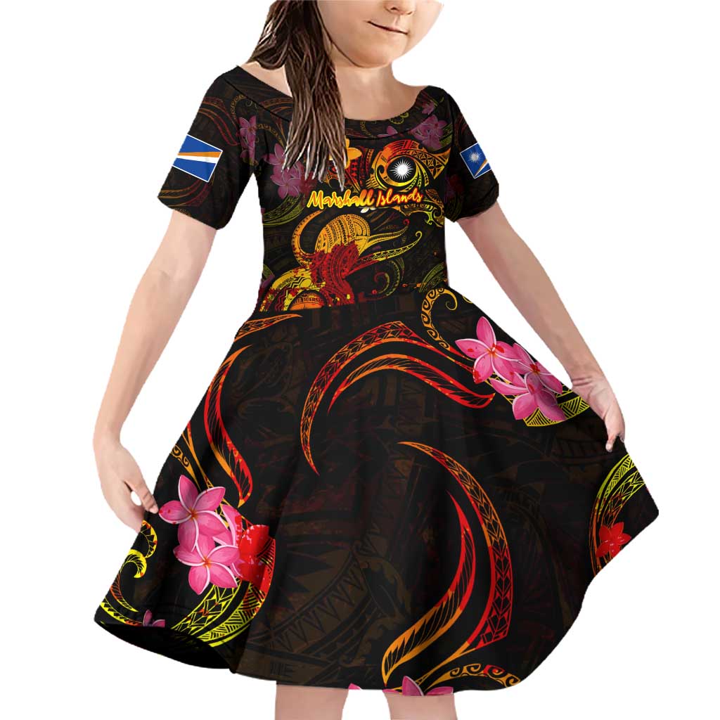 Marshall Islands Family Matching Off Shoulder Short Dress and Hawaiian Shirt Octopus Plumeria Polynesian Tattoo DT02 Daughter's Dress Black - Polynesian Pride