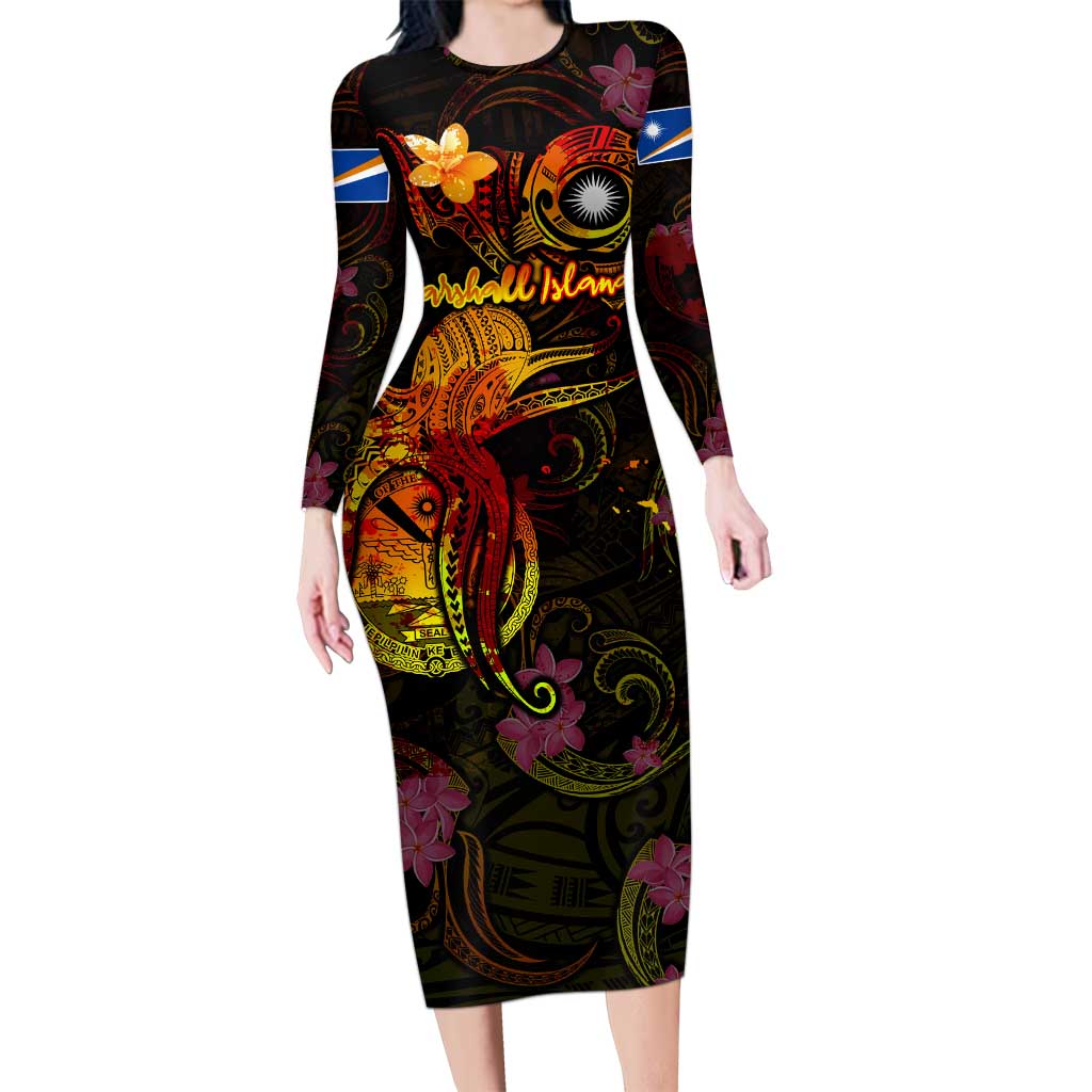 Marshall Islands Long Sleeve Bodycon Dress Octopus Plumeria Polynesian Tattoo DT02 Long Dress Black - Polynesian Pride