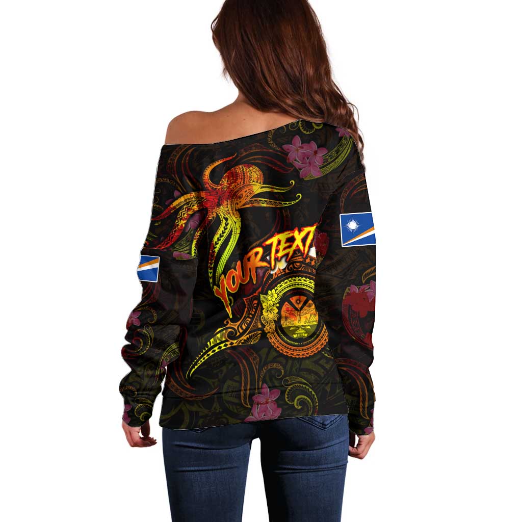 Marshall Islands Off Shoulder Sweater Octopus Plumeria Polynesian Tattoo