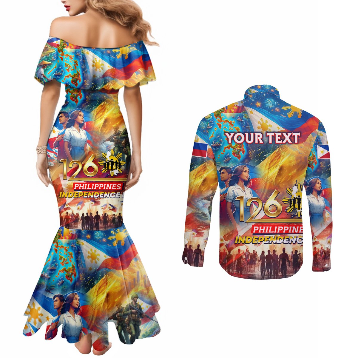 Custom The Philippines 126th Independence Anniversary Couples Matching Mermaid Dress and Long Sleeve Button Shirt Art Style