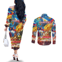 Custom The Philippines 126th Independence Anniversary Couples Matching Off The Shoulder Long Sleeve Dress and Long Sleeve Button Shirt Art Style