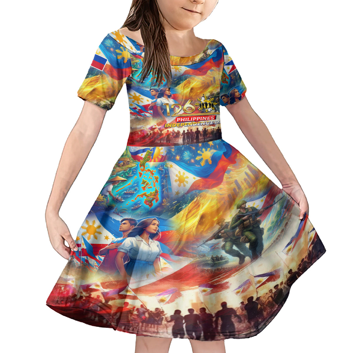 Custom The Philippines 126th Independence Anniversary Family Matching Long Sleeve Bodycon Dress and Hawaiian Shirt Art Style DT02 Daughter's Dress Art - Polynesian Pride