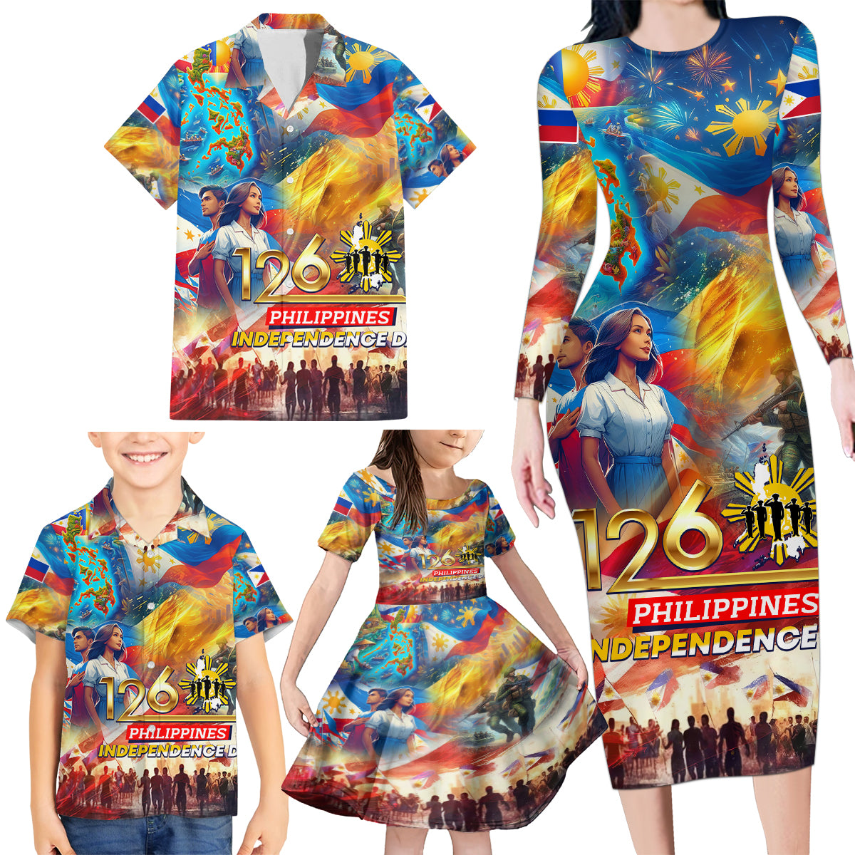 Custom The Philippines 126th Independence Anniversary Family Matching Long Sleeve Bodycon Dress and Hawaiian Shirt Art Style DT02 - Polynesian Pride