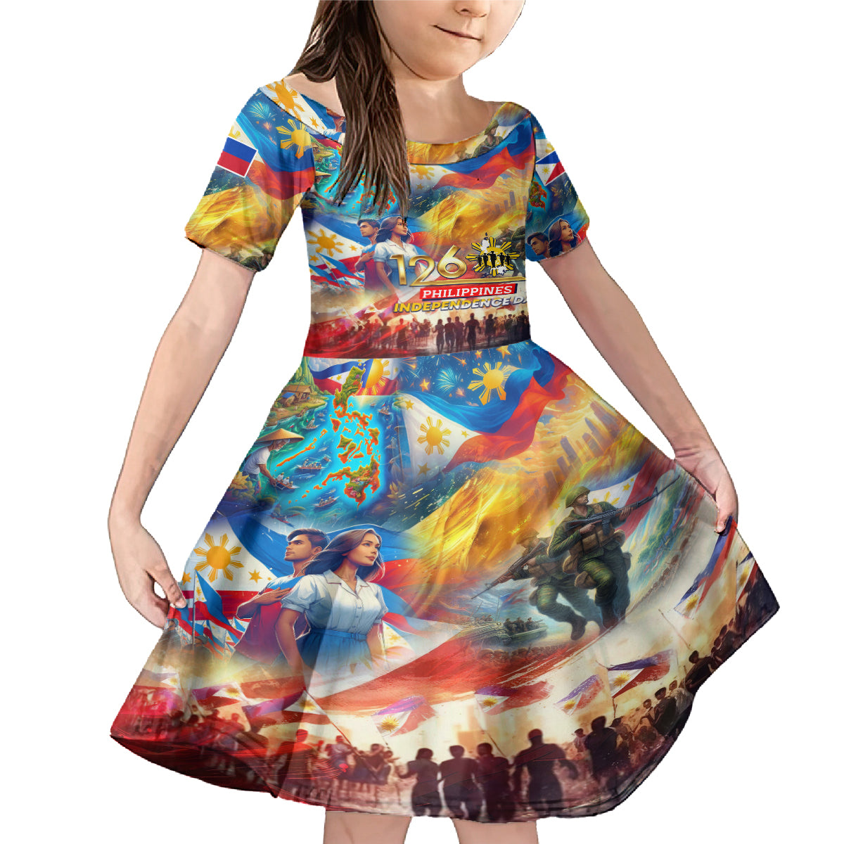 Custom The Philippines 126th Independence Anniversary Family Matching Mermaid Dress and Hawaiian Shirt Art Style DT02 Daughter's Dress Art - Polynesian Pride