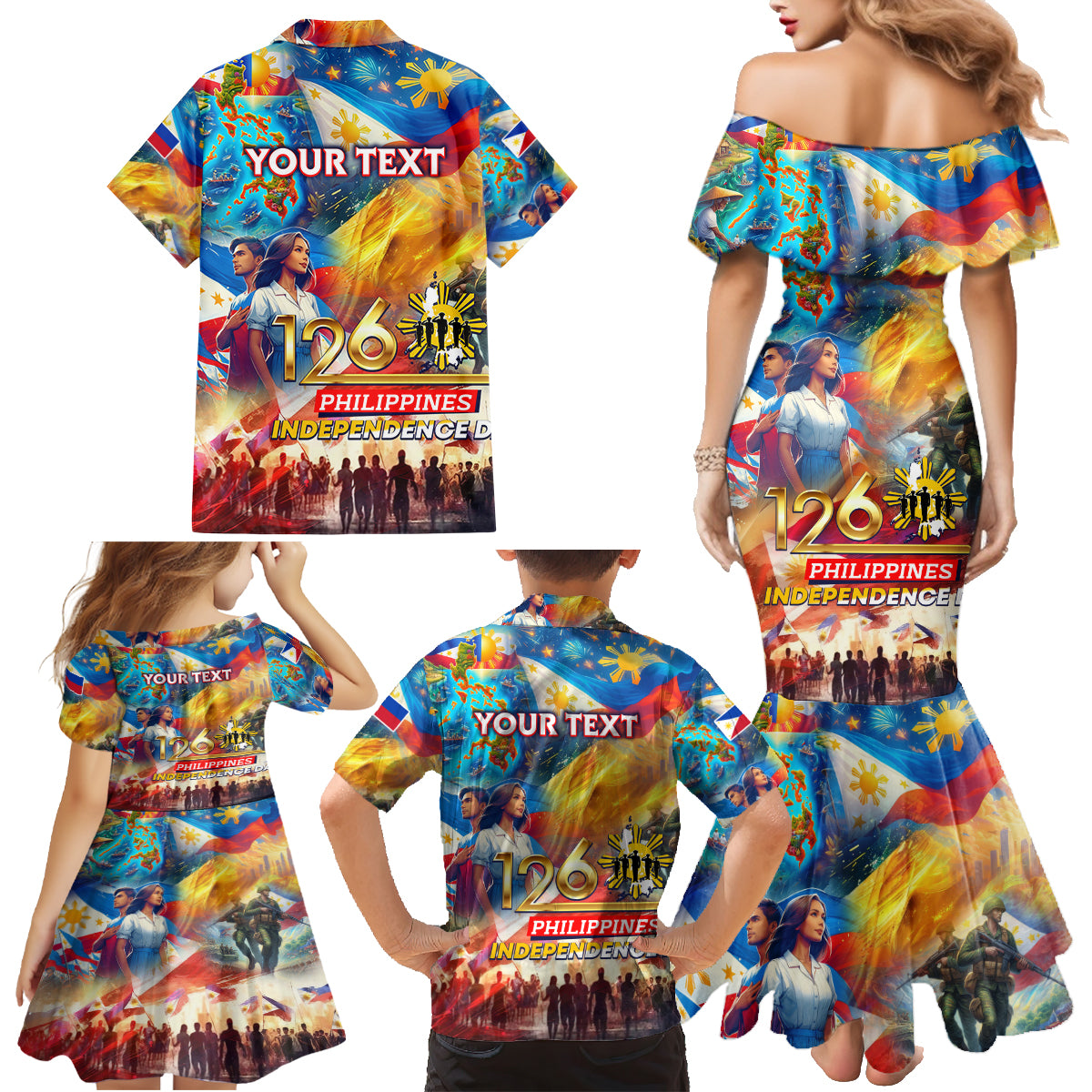 Custom The Philippines 126th Independence Anniversary Family Matching Mermaid Dress and Hawaiian Shirt Art Style DT02 - Polynesian Pride