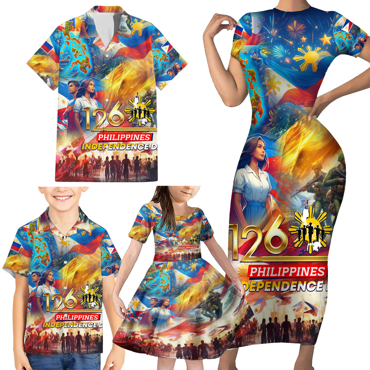 Custom The Philippines 126th Independence Anniversary Family Matching Short Sleeve Bodycon Dress and Hawaiian Shirt Art Style DT02 - Polynesian Pride
