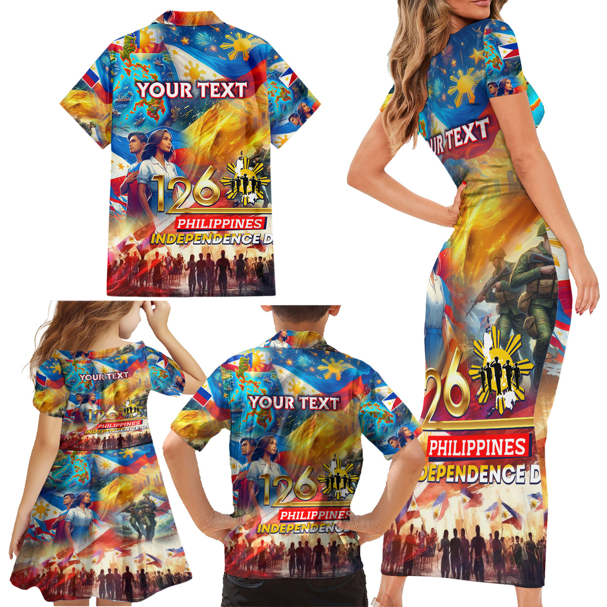 Custom The Philippines 126th Independence Anniversary Family Matching Short Sleeve Bodycon Dress and Hawaiian Shirt Art Style DT02 - Polynesian Pride