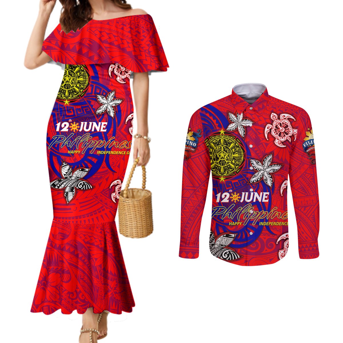 Personalized Philippines 12 June Independence Day Couples Matching Mermaid Dress and Long Sleeve Button Shirt Polynesian Turtle Plumeria