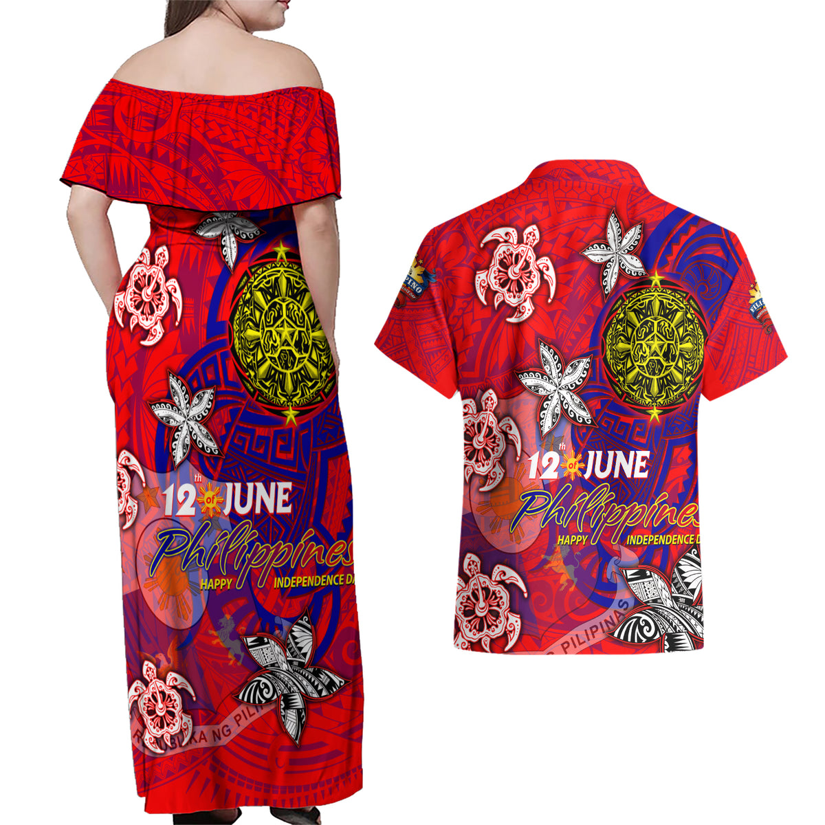 Personalized Philippines 12 June Independence Day Couples Matching Off Shoulder Maxi Dress and Hawaiian Shirt Polynesian Turtle Plumeria