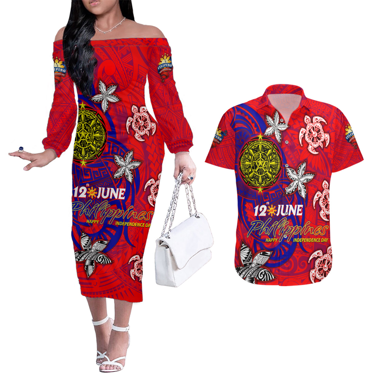 Personalized Philippines 12 June Independence Day Couples Matching Off The Shoulder Long Sleeve Dress and Hawaiian Shirt Polynesian Turtle Plumeria