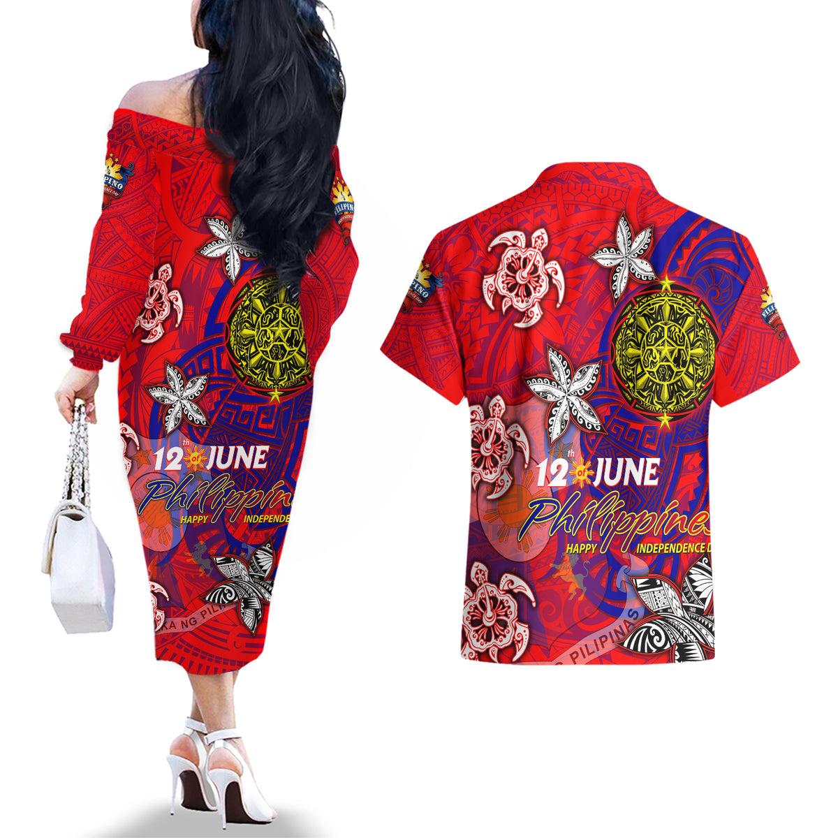 Personalized Philippines 12 June Independence Day Couples Matching Off The Shoulder Long Sleeve Dress and Hawaiian Shirt Polynesian Turtle Plumeria