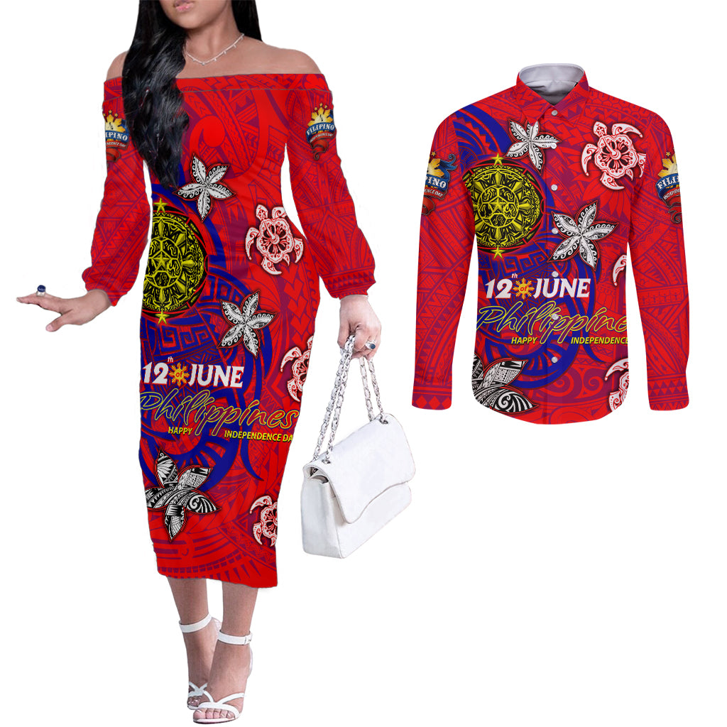 Personalized Philippines 12 June Independence Day Couples Matching Off The Shoulder Long Sleeve Dress and Long Sleeve Button Shirt Polynesian Turtle Plumeria