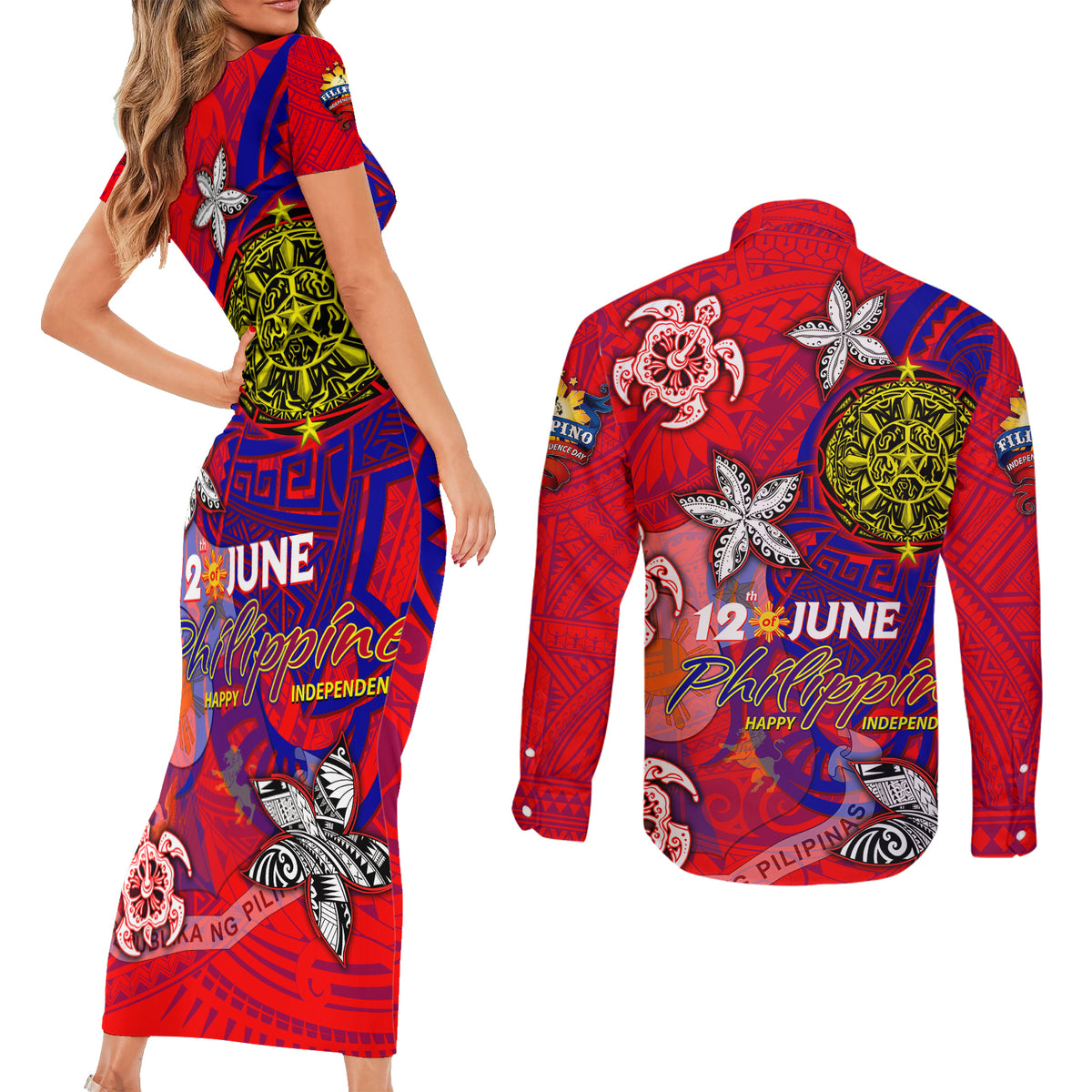 Personalized Philippines 12 June Independence Day Couples Matching Short Sleeve Bodycon Dress and Long Sleeve Button Shirt Polynesian Turtle Plumeria